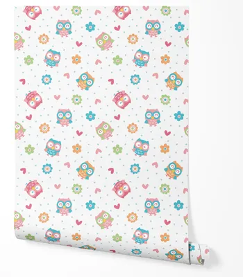 Produktbild von Vliestapete Kinder Eulen Blumen Herzen Pastell Bunt Verspieltes Muster Süßes Design Wandtapete Mädchenzimmer Babyzimmer Dekoration UV-beständige Tapete 10m x 0.5m