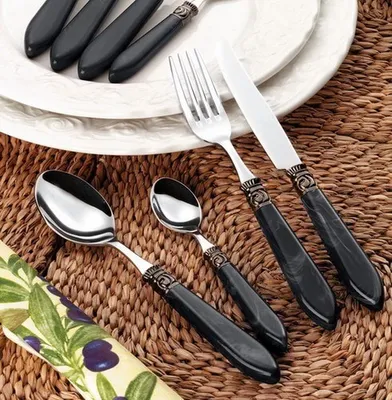 Produktbild von Esmeyer 30-tlg. Menü Besteck Set 'HELENA' 18/10 Edelstahl poliert, Griffe: SCHWARZ marmoriert - RETRO Vintage Shabby Nostalgisch - 6 Personen