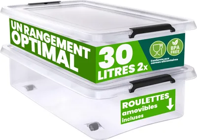 Image de DEUBA® 2x Boîte de rangement 30L en plastique transparent empilable sans BPA gain de place caisse de rangement roulettes