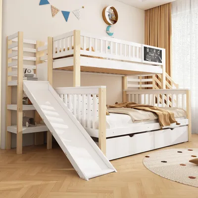 Produktbild von Hausbett Etagenbett 140x200 und 90x200 cm Kinderbett mit Rutsche Treppe und Stauraum Schrank Tafel Etagendoppelbett Kiefernholz Spielbett Weiß