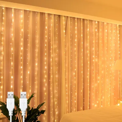 Produktbild von 2 x 2 Meter USB-Lichtervorhang, warmweiß, für Weihnachten und Hochzeiten, mit 200 LEDs