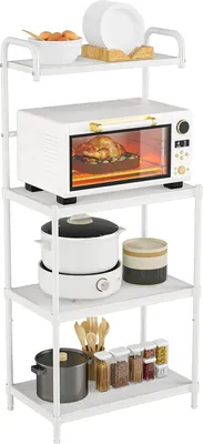Immagine prodotto di KOMFOTTEU Scaffale da cucina a 4 ripiani, scaffale in metallo per microonde, scaffale da terra 59x34x136 cm, supporto per microonde, scaffale multifunzionale indipendente per cucina e sala da pranzo (bianco)