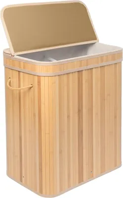 Image de Panier à linge avec couvercle - Bambou - 100 litres - 2 compartiments - 63 x 52 x 32 cm - Salle de bain - Naturel