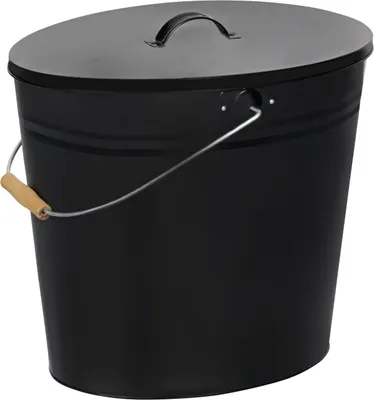 A black metal ash bucket with a lid and a wire handle with a wooden grip.