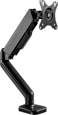 A black monitor arm stand with a VESA mount is shown against a white background.