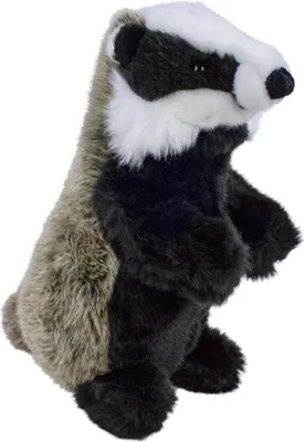 A stuffed badger toy is shown standing against a white background.