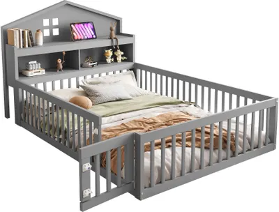 Produktbild von Kinderbett 140x200cm Ohne Matratze Grau Massivholz Mit Hausleiste Einlegeboeden Stauraum Schutzgitter Tuer Bilderleiste Lattenrost