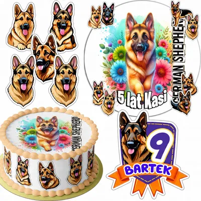 Zdjęcie produktu dla Opłatek Na Tort 20Cm + 16 Postaci - Psy Owczarek Niemiecki + Imię 15Cm 18Cm