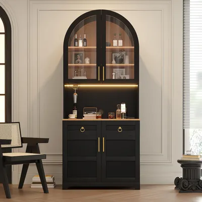 Produktbild von Merax Hochschrank mit Arbeitsfläche, Glasvitrine mit 2 Schubladen, 2 Türen, Sideboard mit LED per App, Wohnzimmerschrank mit Steckdose & USB, Schwarz