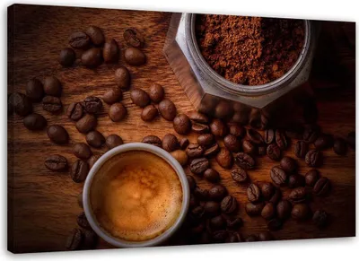 Produktbild von Leinwandbild tasse mit kaffee und bohnen 60x40 cm Feeby braun wandbild bereit zum aufhängen