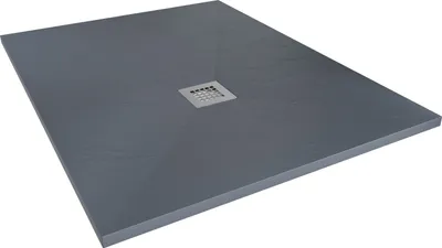 A dark gray shower tray with a silver drain in the center, shown from a slightly elevated angle against a white background.