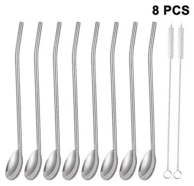 Produktbild von 8-teiliges Set aus Edelstahl-Strohhalmlöffeln, ovalen Kaffeelöffeln mit 2 Bürsten, wiederverwendbaren Fruchtstäbchen, Rührlöffeln und Geschirrstrohhalmen, Primärfarbe