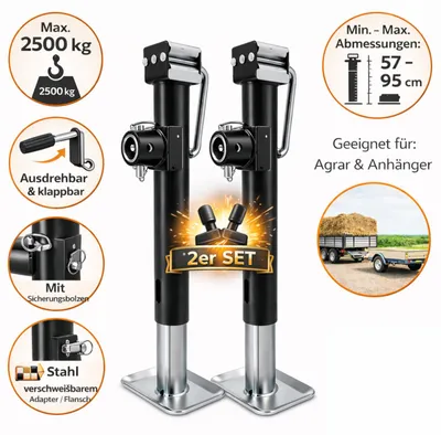Produktbild von 2x Anhängerstützen 570-925mm bis 2500kg Ausdrehstütze mit Handkurbel Zubehör klappbar Kurbelstütze als Wohnwagenstützen