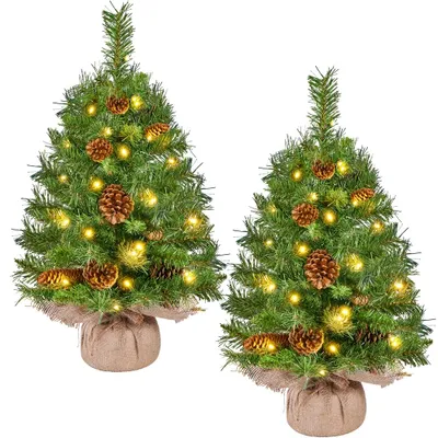 Produktbild von Yaheetech 2er Set Mini Künstlicher Weihnachtsbaum, 61 cm, mit LED & 12 Tannenzapfen