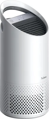 A white and silver air purifier.