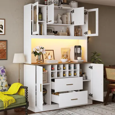Produktbild von MODFU Hoher Küchenschrank Seitenschrank mit Kippschutzvorrichtung,Aufbewahrungsschrank mit LED-Beleuchtung und Steckdose,Buffetschrank mit Schubladen,weiß