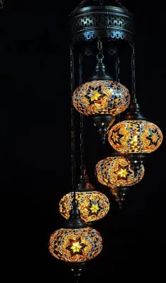 Image de Suspension turque en mosaïque, plafonnier marocain fait main, 5 boules en verre colorées, hauteur 110 cm, marron