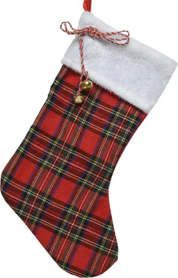 Produktbild von Nikolausstrumpf Rot & Grün kariert mit weißem Saum & 2 Glocken 23 x 40 cm - Polyester
