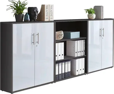 Produktbild von Aktenschrank TABOR 9 in anthrazit / weiß Hochglanz, Schrankwand, Büroschrank, abschließbar, Metallgriffe