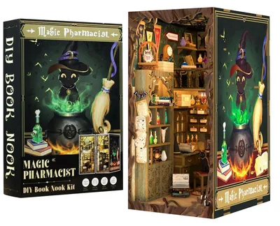 Image de Kit de construction de maison de poupée, maison miniature avec éclairage LED, puzzle en bois 3D, serre-livres, pharmacie décorative