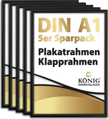 A stack of five black DIN A1 poster frames with gold accents and text indicating they are a 5-pack of snap frames.