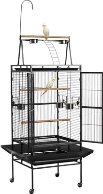 Image de Cage pour oiseaux - Volière sur pied - Dimensions 83 x 79 x 210 cm - Fer forgé - Ouverture en haut - Avec perchoirs, tiroir & mangeoires - Pour perruches & perroquets