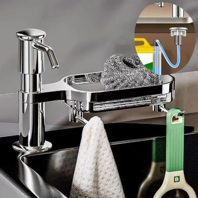 Produktbild von Seifenspender & -schalen, Seifenspender Küchenspüle, Spülmittelspender mit Ablagekorb und 2 haken, Handseifenspender mit 101cm Schlauch