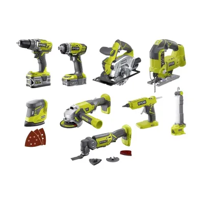 Produktbild von Ryobi 18V Combo Kit (R18Dd3 + Rid1801 + R18Ag + R18Mt3 + R18Glu + Rwsl1801 + R18Js + R18Alf + R18Ps) 5133003576