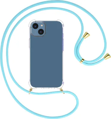 Produktbild von Handykette Backcover-Schutzhülle mit Band (Metall goldfarben) für Apple iPhone 15 - himmelblau