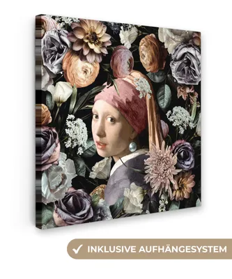 Produktbild von MuchoWow® - Leinwandbilder - Mädchen mit Perlenohrring - Blumen - Vermeer - Pastell - Kunstwerk - Gemälde - Alte Meister, Wandbild, Wanddeko Bilder Wohnzimmer, 90x90 cm