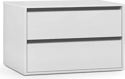 A white bedside table with two drawers.