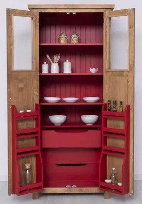 Produktbild von Casa Padrino Landhausstil Esszimmerschrank Naturfarben / Rot 96 x 65 x H. 220 cm - Massivholz Küchenschrank mit 2 Türen - Esszimmer Möbel im Landhausstil - Landhausstil Esszimmer Einrichtung