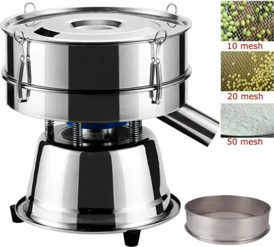 A stainless steel electric vibrating sieve machine with various mesh sizes shown in inset images.