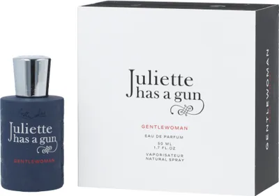 A perfume bottle and its packaging are displayed side-by-side on a white background.