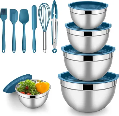 Image de Herogo Saladier en acier inoxydable Set de 5 pièces 4,5L 2,7L 1,5L 1,2L 0,7L Bleu