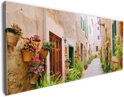 Produktbild von Wallario Premium Leinwandbild Südländische Gasse mit alten Häusern und grüner Oase in Größe 80 x 200 cm