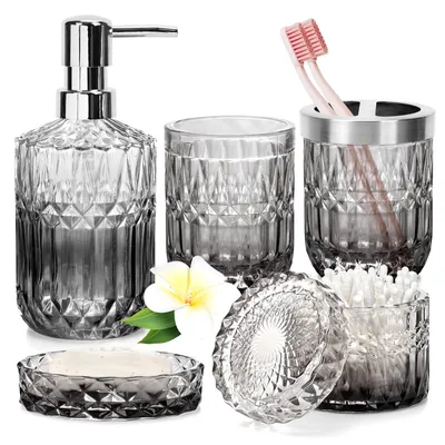 Produktbild von Set von 5 Gläsernen Badezimmeraccessoires - Seifenspender und Organizer