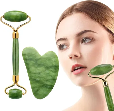 Produktbild von Pack 2 Jade Roller Gua Sha Gesichtsmaske Pinsel Massager Hautpflege Augen Hals ausbalancieren Straffungsmassage