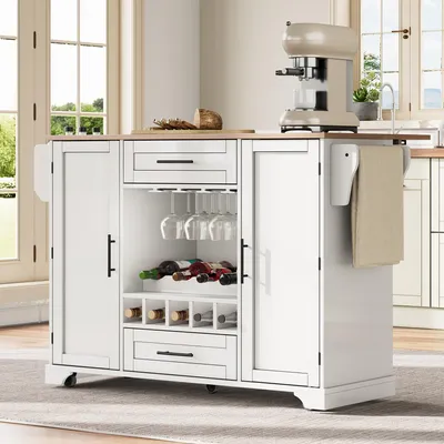 Image de OKWISH Îlot de cuisine - Chariot de Cuisine avec Plateau Rabattable et Étagères, Roulettes et Porte-Serviettes, MDF, 138x45(70)x92 cm, Blanc
