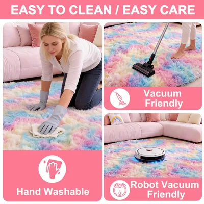 Image de Tapis rond pour chambre d'enfant, motif arc-en-ciel doux et lavable, diamètre 100 cm, tapis de jeu