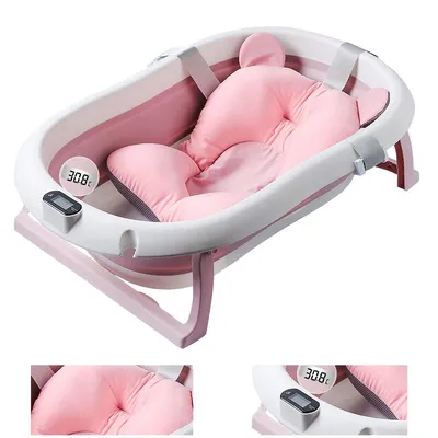 Produktbild von Faltbare Babybadewanne mit weicher Badematte, Echtzeit-Wassertemperaturanzeige – ideal für Neugeborene, rosa Set