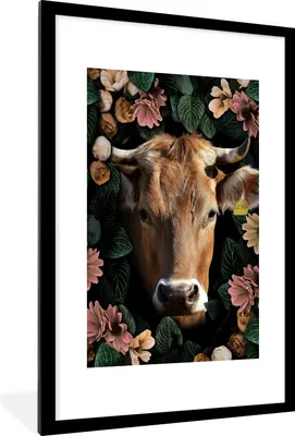 Produktbild von MuchoWow® MuchoWow® Gerahmtes Poster Kuh - Tiere - Blumen 60x90 cm - Poster mit zchwarzem Bilderrahmen - Dekoration - Wandposter Wohnzimmer - Hochwertig