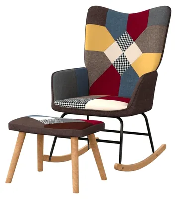 Produktbild von Schaukelstuhl mit Hocker, Schwingstuhl mit Armlehne, Relaxsessel mit Stahlgestell, Schwingsessel für das Wohnzimmer, Patchwork-Stoff
