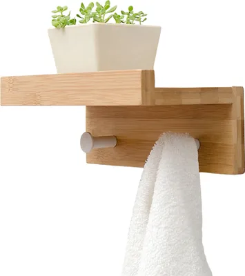 Image de Organisateur d'entrée étagère murale, étagère à crochets en bois avec 2 crochets doubles pour l'entrée salon chambre à coucher, naturel