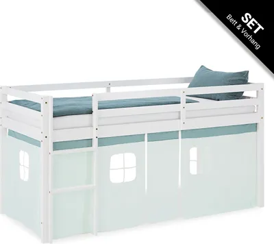 Image de Lit superposé 90x200 cm Lit mezzanine en Bois Pin Massif Lit d'enfant Cadre de Lit Rideau Vert