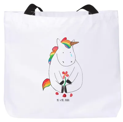 Produktbild von Mr. & Mrs. Panda Reisetasche Einhorn Traurig - Weiß - Geschenk, Büchertasche, Unicorn, Tote Bag, Tasche, Trauer, Laptoptasche, Liebe, Einhörner, Blume, Einkaufstasche