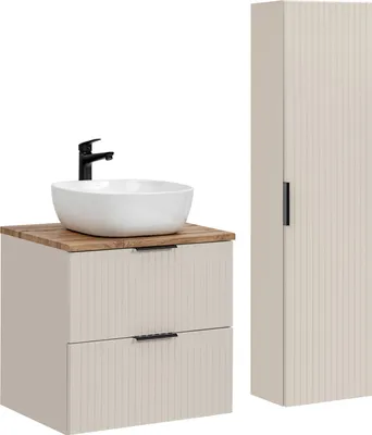 Zdjęcie produktu dla Szafka Łazienkowa 60 Cm Z Umywalką I Słupkiem Kaszmirowy Mat Dąb Wotan