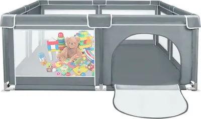 Produktbild von Baby Laufgitter Faltbar 180x150cm,Rutschfester Absperrgitter mit Atmungsaktive Netz, Große Sicherheitsspielplatz Grau