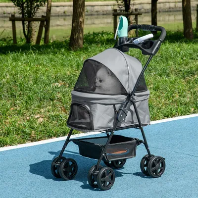Produktbild von Hundebuggy klappbar mit Bodenkorb & 2 Becherhalter, Hundewagen, Oxford-Gewebe, Grau | 67 x 45 x 96 cm | 5 kg | Stahl & Oxford-Gewebe