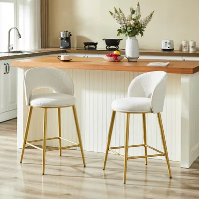 Image de Lot de 2 tabourets de bar avec dossier ajouré et structure dorée, tabourets de cuisine modernes rembourrés pour bar, îlot de cuisine et salon